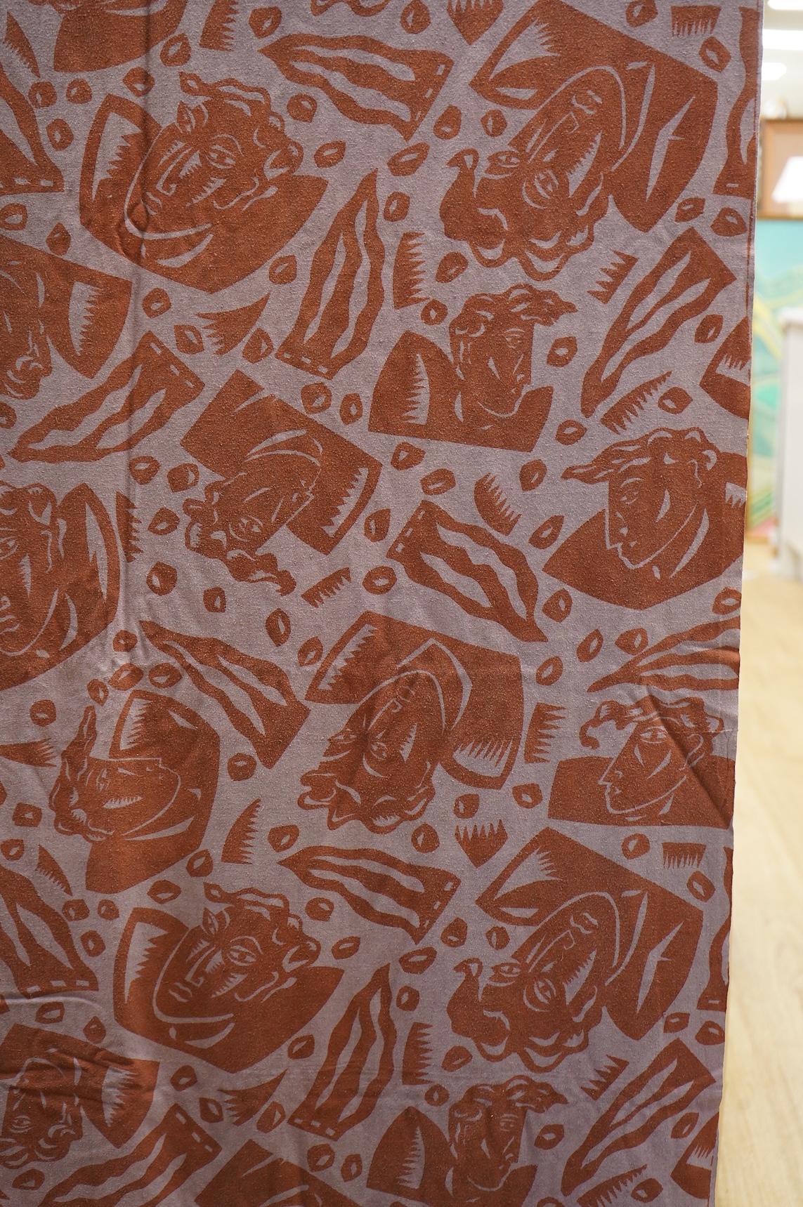 A 1983 A brown mauve paper cut hand printed length of raw silk, designed by Paul Waring, (ex RCA 1983 Syds). 92cm wide x 480cm long. Condition- good, may need dry cleaning.